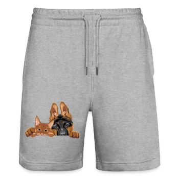 Cute German Shepherd puppy dog and ginger cat - Stanley/Stella Trainer Unisex Organic Jogging Shorts - heather grey - Front - Nik (191cm) & Marisol (170cm)