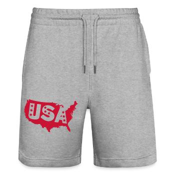 Red USA Silhouette with Stars - Stanley/Stella Trainer Unisex Organic Jogging Shorts - heather grey - Front - Nik (191cm) & Marisol (170cm)
