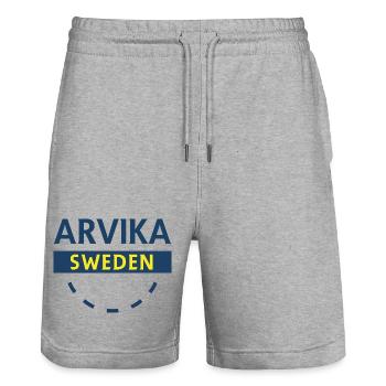 Arvika Sweden logo in blue - Stanley/Stella Trainer Unisex Organic Jogging Shorts - heather grey - Front - Nik (191cm) & Marisol (170cm)