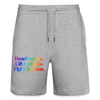 Read books. Lift weights. Fight fascists. - Stanley/Stella Trainer Unisex Organic Jogging Shorts - heather grey - Front - Nik (191cm) & Marisol (170cm)
