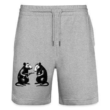Duo anti-émeute avec arme et croix - Short de jogging bio TRAINER Stanley/Stella unisexe - gris chiné - Devant - Nik (191cm) & Marisol (170cm)