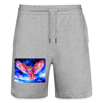hibou grand-duc coloré devant un ciel étoilé - Short de jogging bio TRAINER Stanley/Stella unisexe - gris chiné - Devant - Nik (191cm) & Marisol (170cm)