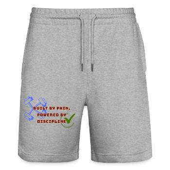 Gebaut von Schmerz, angetrieben von Disziplin - Stanley/Stella Unisex Bio Joggingshorts Trainer  - Grau meliert - Vorne - Nik (191cm) & Marisol (170cm)