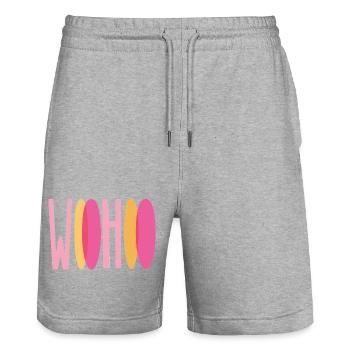 "woohoo" - Stanley/Stella Trainer Unisex Organic Jogging Shorts - heather grey - Front - Nik (191cm) & Marisol (170cm)