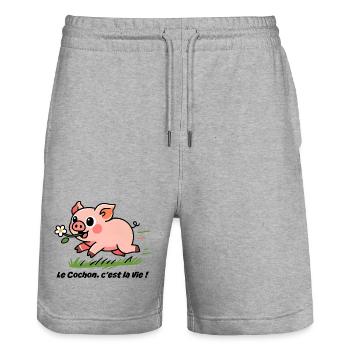 Le Cochon c'est la vie !  - Short de jogging bio TRAINER Stanley/Stella unisexe - gris chiné - Devant - Nik (191cm) & Marisol (170cm)