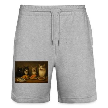 Vier Katzen beim Festmahl am Tisch - Stanley/Stella Unisex Bio Joggingshorts Trainer  - Grau meliert - Vorne - Nik (191cm) & Marisol (170cm)
