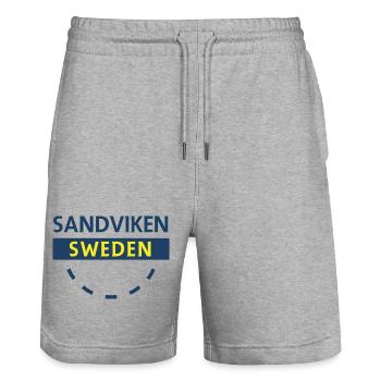 Sandviken Sweden emblem - Stanley/Stella Trainer Unisex Organic Jogging Shorts - heather grey - Front - Nik (191cm) & Marisol (170cm)