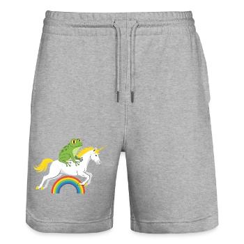 Une grenouille chevauche une licorne au-dessus de l’arc-en-ciel - Short de jogging bio TRAINER Stanley/Stella unisexe - gris chiné - Devant - Nik (191cm) & Marisol (170cm)