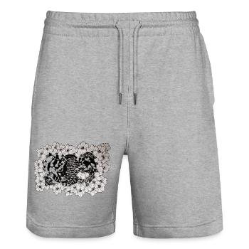 Black Flower Lines Pattern - Stanley/Stella Trainer Unisex Organic Jogging Shorts - heather grey - Front - Nik (191cm) & Marisol (170cm)