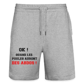 Quand les poules auront des abdos. - Short de jogging bio TRAINER Stanley/Stella unisexe - gris chiné - Devant - Nik (191cm) & Marisol (170cm)