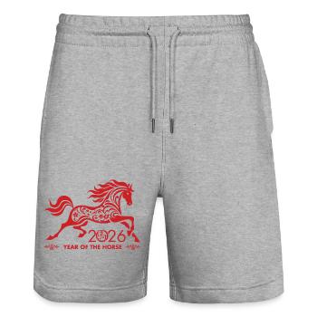 Chinese New year of the Horse 2026 - Stanley/Stella Trainer Unisex Organic Jogging Shorts - heather grey - Front - Nik (191cm) & Marisol (170cm)