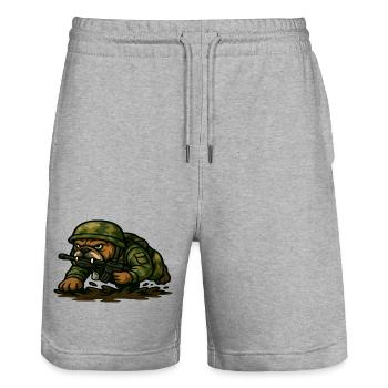 Bulldogge Soldat kriechendes taktisches Cartoon-Design - Stanley/Stella Unisex Bio Joggingshorts Trainer  - Grau meliert - Vorne - Nik (191cm) & Marisol (170cm)