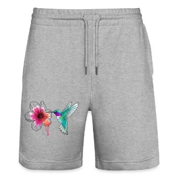 Wasserfarben Hummingbird mit Hibiskus - Stanley/Stella Unisex Bio Joggingshorts Trainer  - Grau meliert - Vorne - Nik (191cm) & Marisol (170cm)