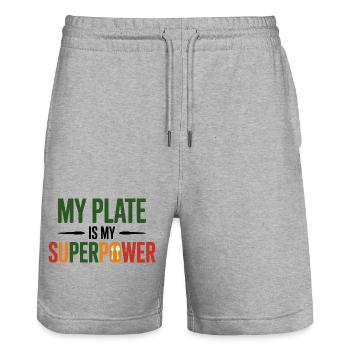 Mein Teller ist mein Superpower-Ernährungsexperte - Stanley/Stella Unisex Bio Joggingshorts Trainer  - Grau meliert - Vorne - Nik (191cm) & Marisol (170cm)