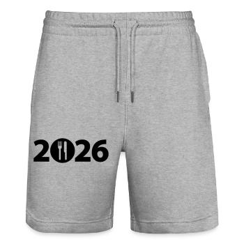Chef 2026, Chef 2026, Restaurant 2026 - Short de jogging bio TRAINER Stanley/Stella unisexe - gris chiné - Devant - Nik (191cm) & Marisol (170cm)