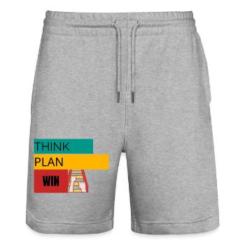 DENK NACH · PLAN · WIN – Motivations-T-Shirt - Stanley/Stella Unisex Bio Joggingshorts Trainer  - Grau meliert - Vorne - Nik (191cm) & Marisol (170cm)