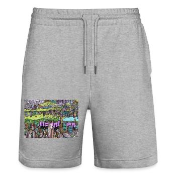 Hong Kong Facing Worlds - Stanley/Stella Trainer Unisex Organic Jogging Shorts - heather grey - Front - Nik (191cm) & Marisol (170cm)