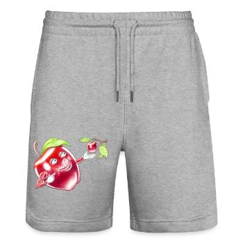 Personnage de dessin animé Drôle, Mangez une pomme rouge - Short de jogging bio TRAINER Stanley/Stella unisexe - gris chiné - Devant - Nik (191cm) & Marisol (170cm)