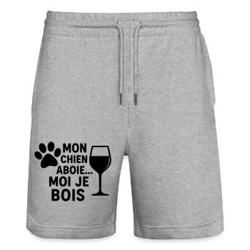Mon chien aboie moi je bois, humour, cadeau noël - Short de jogging bio TRAINER Stanley/Stella unisexe - gris chiné - Devant - Nik (191cm) & Marisol (170cm)