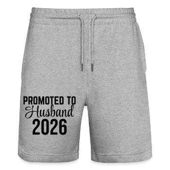 Promoted to Husband 2026 – Ehemann Design - Stanley/Stella Trainer Unisex Organic Jogging Shorts - heather grey - Front - Nik (191cm) & Marisol (170cm)