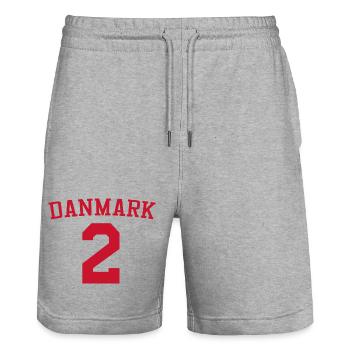 Denmark 2 – Red Text Design - Stanley/Stella Trainer Unisex Organic Jogging Shorts - heather grey - Front - Nik (191cm) & Marisol (170cm)