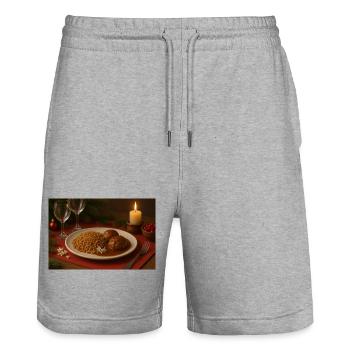 Assiette festive de boulettes de sarrasin - Short de jogging bio TRAINER Stanley/Stella unisexe - gris chiné - Devant - Nik (191cm) & Marisol (170cm)