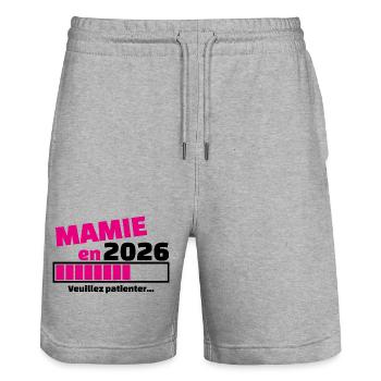 Granny in 2026 - Pregnancy announcement granny - Stanley/Stella Trainer Unisex Organic Jogging Shorts - heather grey - Front - Nik (191cm) & Marisol (170cm)