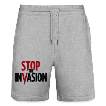 Stop The Invasion Against Aggression - Stanley/Stella Trainer Unisex Organic Jogging Shorts - heather grey - Front - Nik (191cm) & Marisol (170cm)