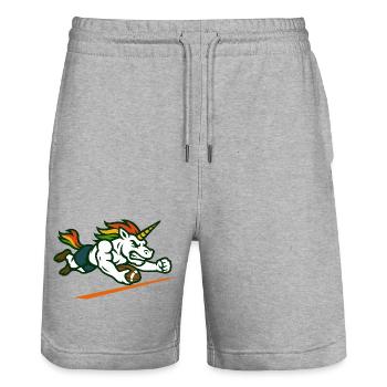 Einhorn-Fußball-Maskottchen-Design Power Runner - Stanley/Stella Unisex Bio Joggingshorts Trainer  - Grau meliert - Vorne - Nik (191cm) & Marisol (170cm)