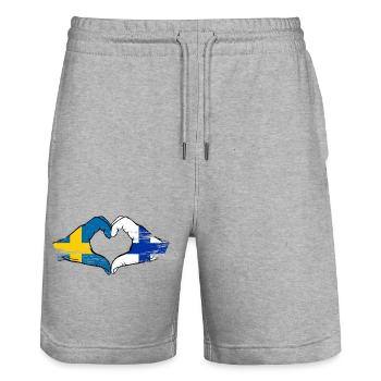 Sweden Finland Flag Heart Hands used - Stanley/Stella Trainer Unisex Organic Jogging Shorts - heather grey - Front - Nik (191cm) & Marisol (170cm)