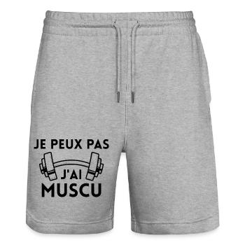 I Can't, I Have Muscu Humor Fitness Gift Idea - Stanley/Stella Trainer Unisex Organic Jogging Shorts - heather grey - Front - Nik (191cm) & Marisol (170cm)