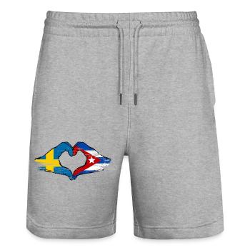 Sweden Cuba flag heart hands used - Stanley/Stella Trainer Unisex Organic Jogging Shorts - heather grey - Front - Nik (191cm) & Marisol (170cm)