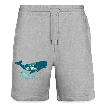 Stop Plastic Pollution, whale and turtle - Stanley/Stella Trainer Unisex Organic Jogging Shorts - heather grey - Front - Nik (191cm) & Marisol (170cm)