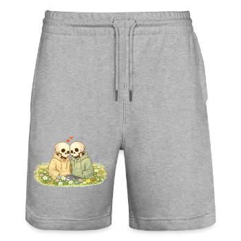 Couple squelettique chaleureux sur une prairie fleurie – Près - Short de jogging bio TRAINER Stanley/Stella unisexe - gris chiné - Devant - Nik (191cm) & Marisol (170cm)