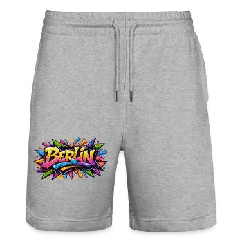 Berlin Graffiti lettering with colorful color effects - Stanley/Stella Trainer Unisex Organic Jogging Shorts - heather grey - Front - Nik (191cm) & Marisol (170cm)