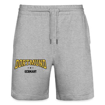 Dortmund Curved Font Design - Stanley/Stella Trainer Unisex Organic Jogging Shorts - heather grey - Front - Nik (191cm) & Marisol (170cm)
