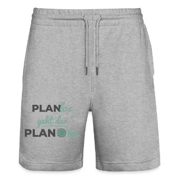 Le plan commence de manière désordonnée – Scandinave Soft Typography - Short de jogging bio TRAINER Stanley/Stella unisexe - gris chiné - Devant - Nik (191cm) & Marisol (170cm)