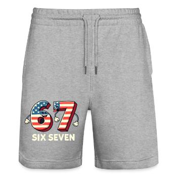 US Flag 67 Memes Six Seven - Stanley/Stella Trainer Unisex Organic Jogging Shorts - heather grey - Front - Nik (191cm) & Marisol (170cm)