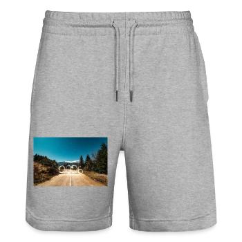 Year 2026 Light Painted with snowy mountains - Stanley/Stella Trainer Unisex Organic Jogging Shorts - heather grey - Front - Nik (191cm) & Marisol (170cm)