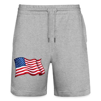 USA Flag Wave Motif - Stanley/Stella Trainer Unisex Organic Jogging Shorts - heather grey - Front - Nik (191cm) & Marisol (170cm)