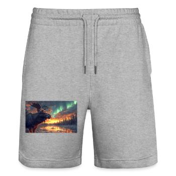 Moose under the Northern Lights: Arctic Magic - Stanley/Stella Trainer Unisex Organic Jogging Shorts - heather grey - Front - Nik (191cm) & Marisol (170cm)