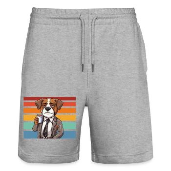 Kaffeehund im Anzug vor Retrostreifen - Stanley/Stella Unisex Bio Joggingshorts Trainer  - Grau meliert - Vorne - Nik (191cm) & Marisol (170cm)