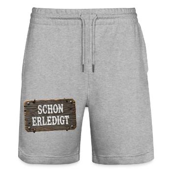 Déjà fait – panneau d’atelier rustique - Short de jogging bio TRAINER Stanley/Stella unisexe - gris chiné - Devant - Nik (191cm) & Marisol (170cm)