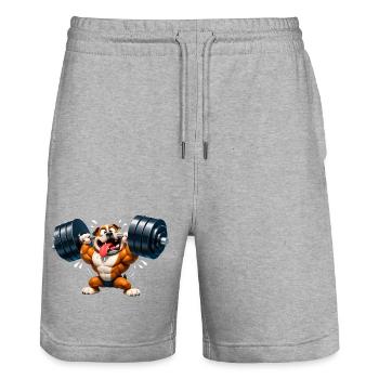 Bulldogge Bodybuilder Lustiges Fitness Motiv - Stanley/Stella Unisex Bio Joggingshorts Trainer  - Grau meliert - Vorne - Nik (191cm) & Marisol (170cm)
