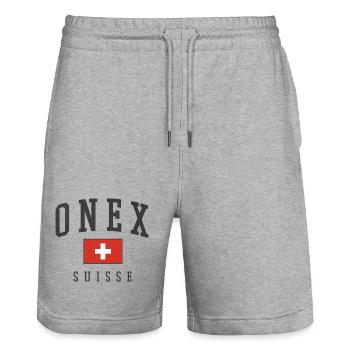 Onex – Schweizer Identität aus dem Kanton Genf - Stanley/Stella Unisex Bio Joggingshorts Trainer  - Grau meliert - Vorne - Nik (191cm) & Marisol (170cm)
