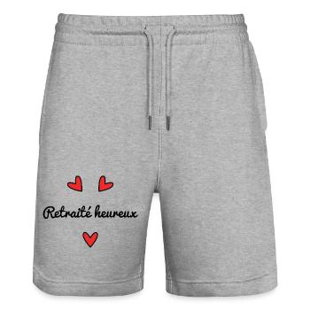 RETRAITE. RETRAITEE. BONNE RETRAITE. ANNIVERSAIRE. - Short de jogging bio TRAINER Stanley/Stella unisexe - gris chiné - Devant - Nik (191cm) & Marisol (170cm)