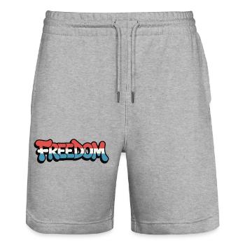 Freedom Typography Statement Design - Stanley/Stella Trainer Unisex Organic Jogging Shorts - heather grey - Front - Nik (191cm) & Marisol (170cm)