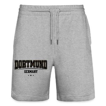 Dortmund Yellow Outline Wordmark - Stanley/Stella Trainer Unisex Organic Jogging Shorts - heather grey - Front - Nik (191cm) & Marisol (170cm)