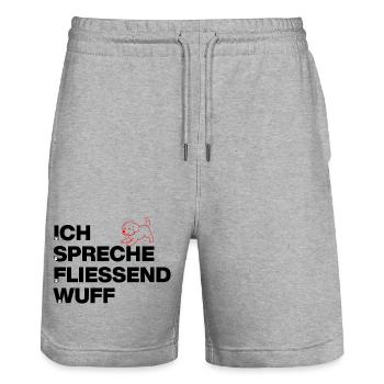 I SPEAK FLUENTLY WOOF, DOG POWER! DOGLOVER - Stanley/Stella Trainer Unisex Organic Jogging Shorts - heather grey - Front - Nik (191cm) & Marisol (170cm)