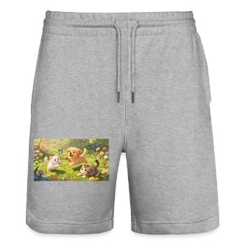 Niedlicher Hund und Katzenbaby toben im Blumenfeld - Stanley/Stella Unisex Bio Joggingshorts Trainer  - Grau meliert - Vorne - Nik (191cm) & Marisol (170cm)